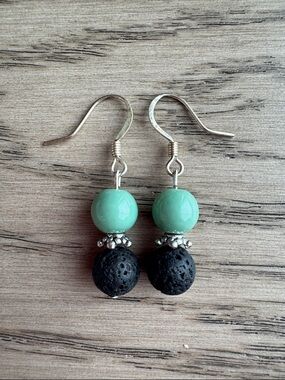 Aromatherapy Green and Black Lava Bead Drop Earrings